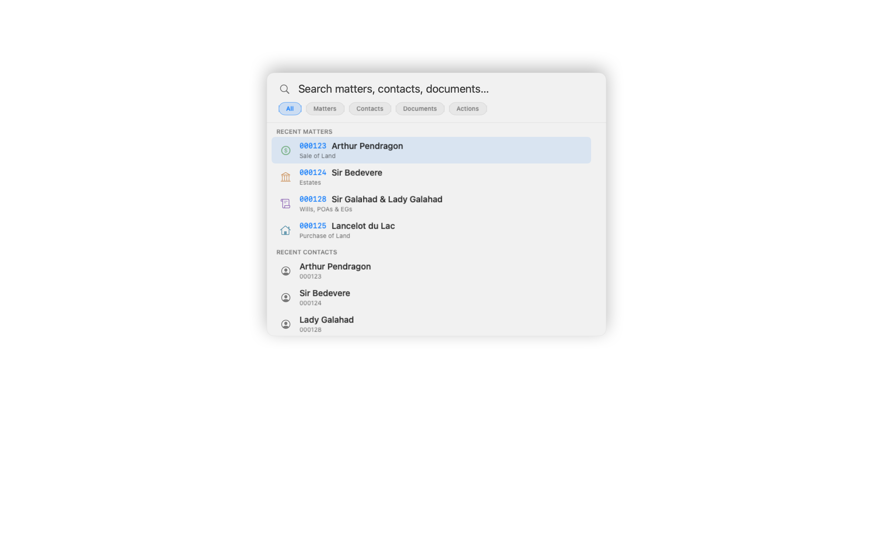 The command palette open in its idle state — recent matters ranked at the top, app actions with their keyboard shortcuts below