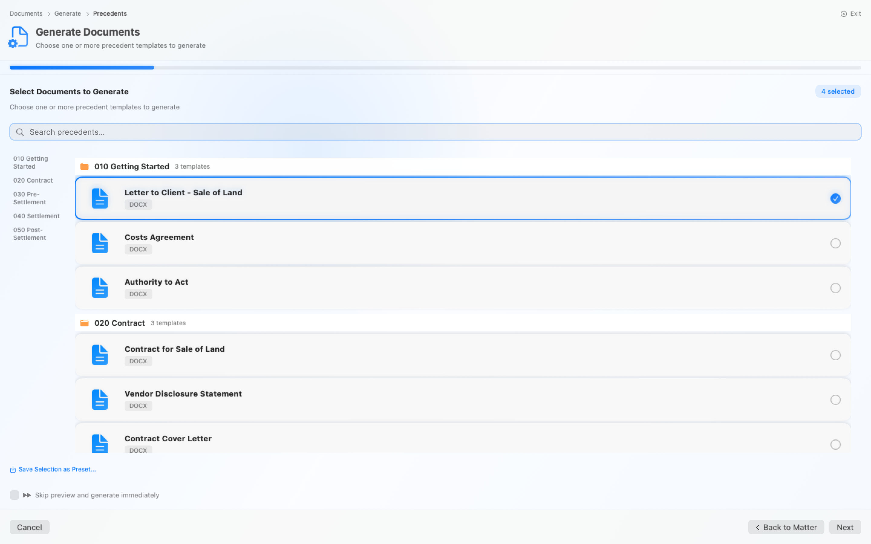 Document generation wizard showing four selected precedents — Letter to Client, Contract for Sale, Statement of Adjustments, and a cover letter — with a preview panel and a Generate button.