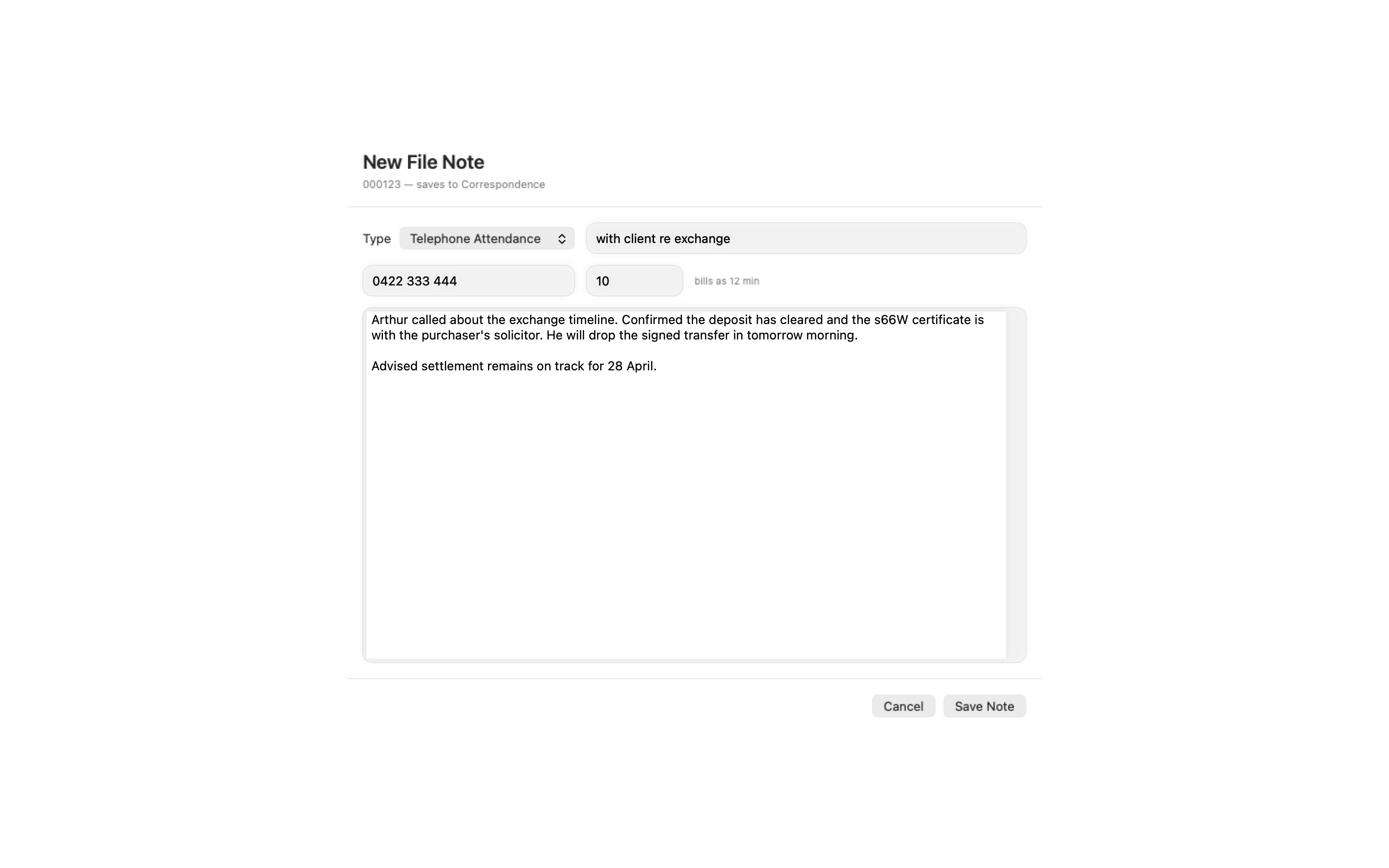 The New File Note sheet — a telephone attendance with number and duration, showing the "bills as 12 min" rounding chip, description and note body