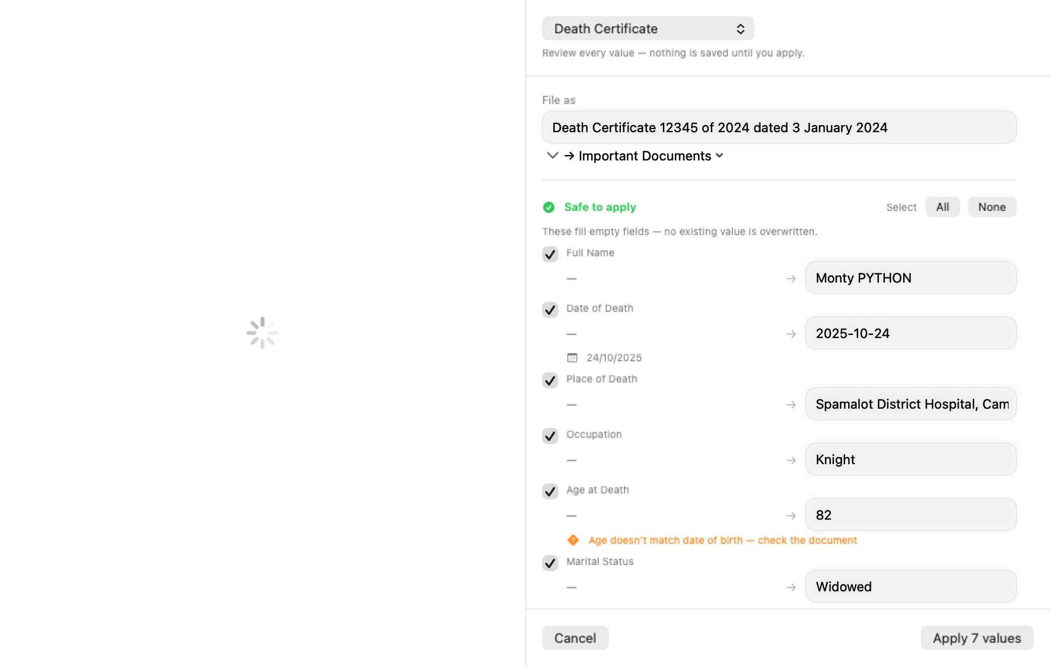 The intake review sheet for a death certificate — the document preview on the left, proposed matter fields on the right with one value flagged for checking and one conflicting row unticked