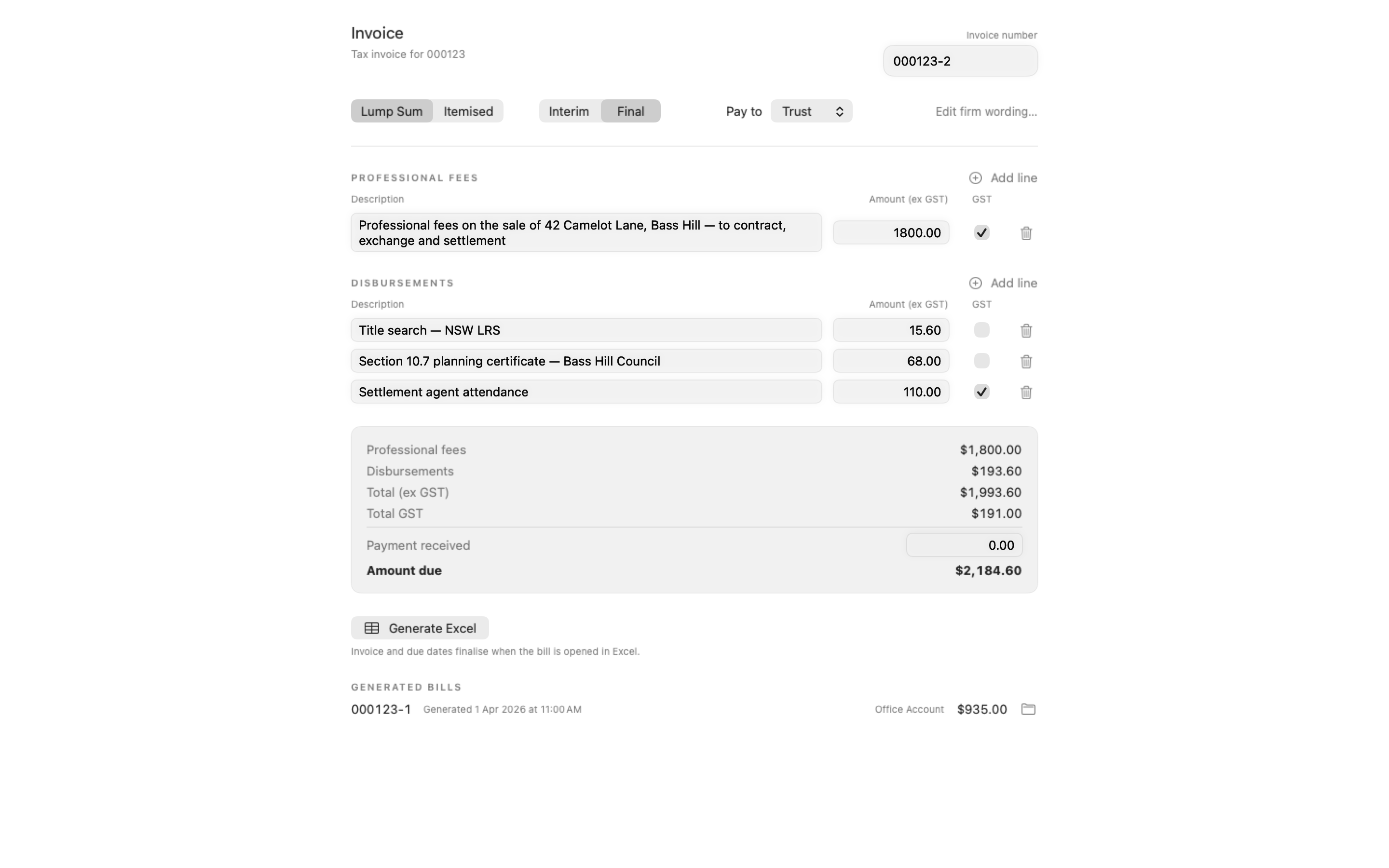 The Invoices tab: a lump-sum bill in the composer with professional fees, disbursements and live GST totals, and an earlier bill in the generated-bills register.