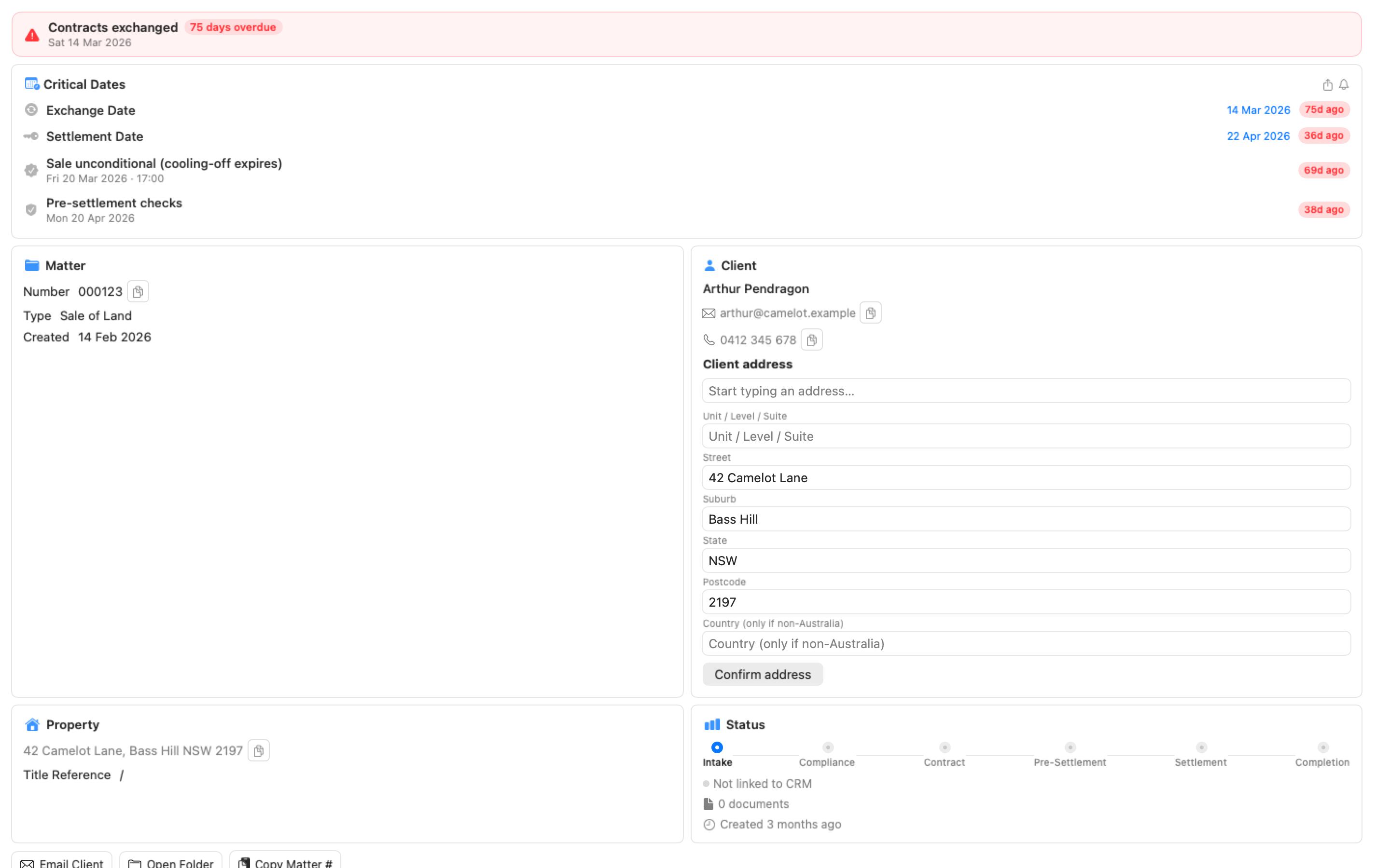 Matter workspace overview for a Sale of Land matter showing client details, settlement date, and the document checklist down the right side.