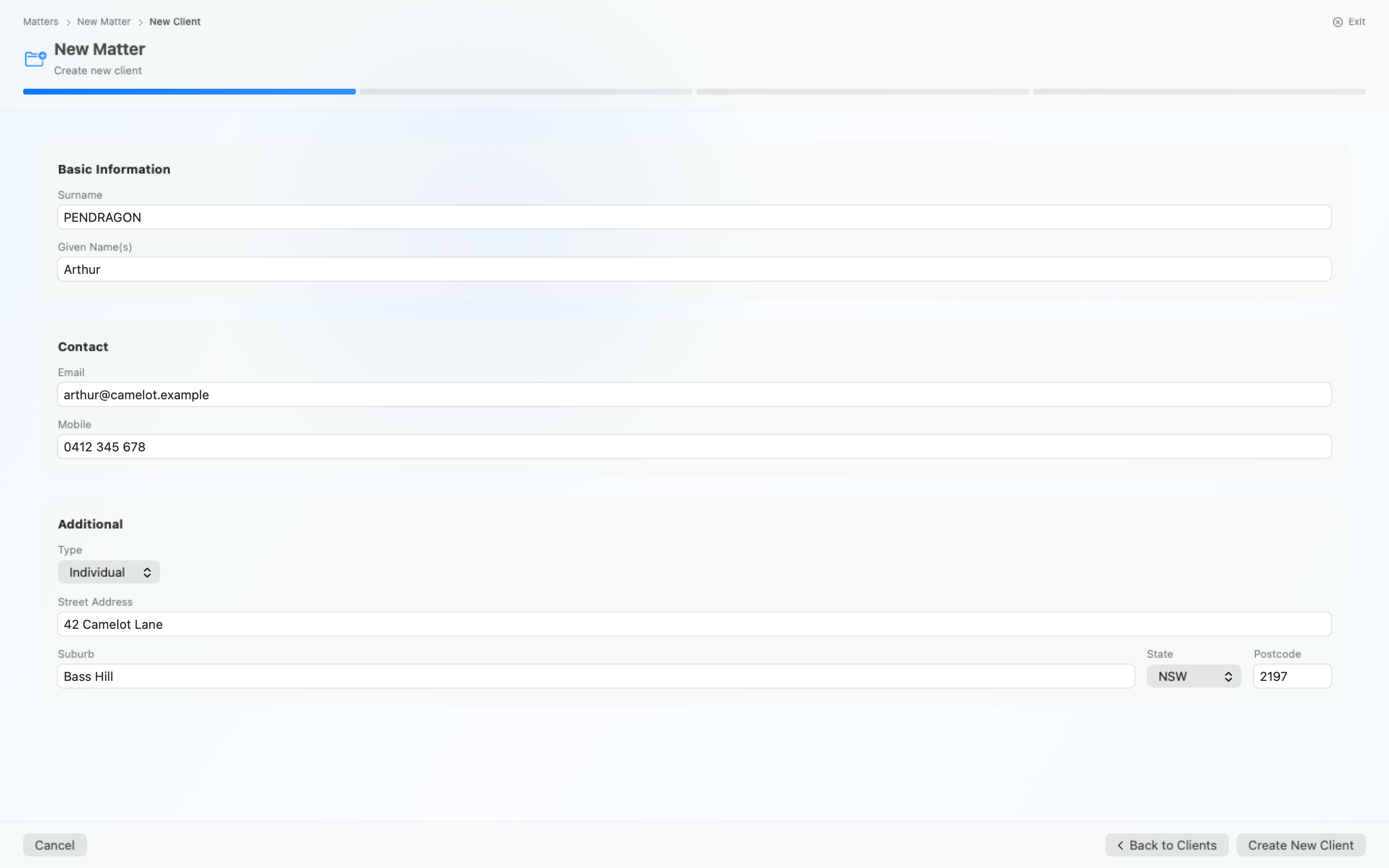 New Matter wizard at the client-details step, showing the address autocomplete suggestion overlay