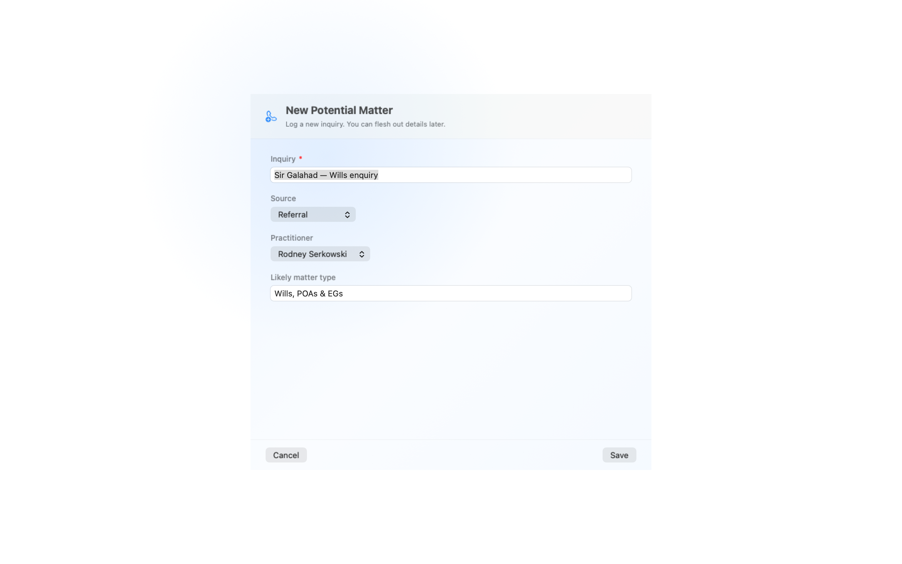 The New Potential Matter wizard, with fields for Inquiry, Source, Practitioner and Likely matter type, plus Save and Cancel buttons