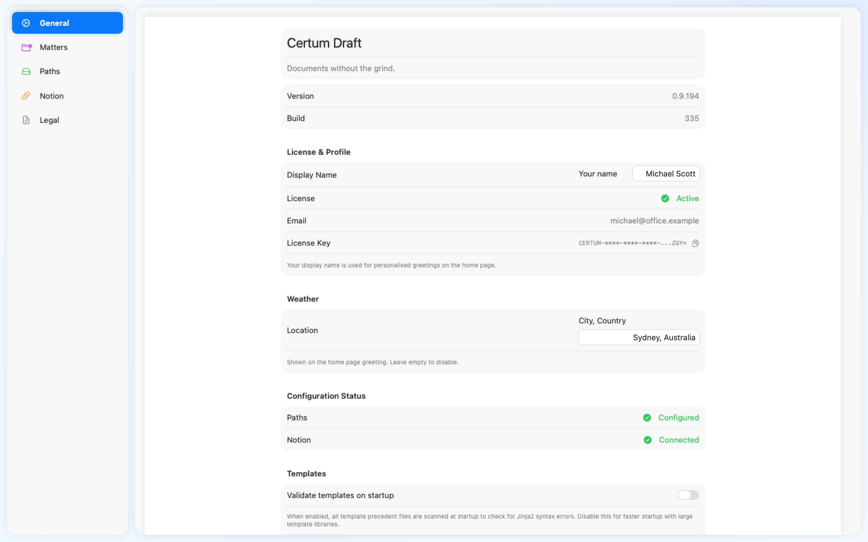 Settings — General pane