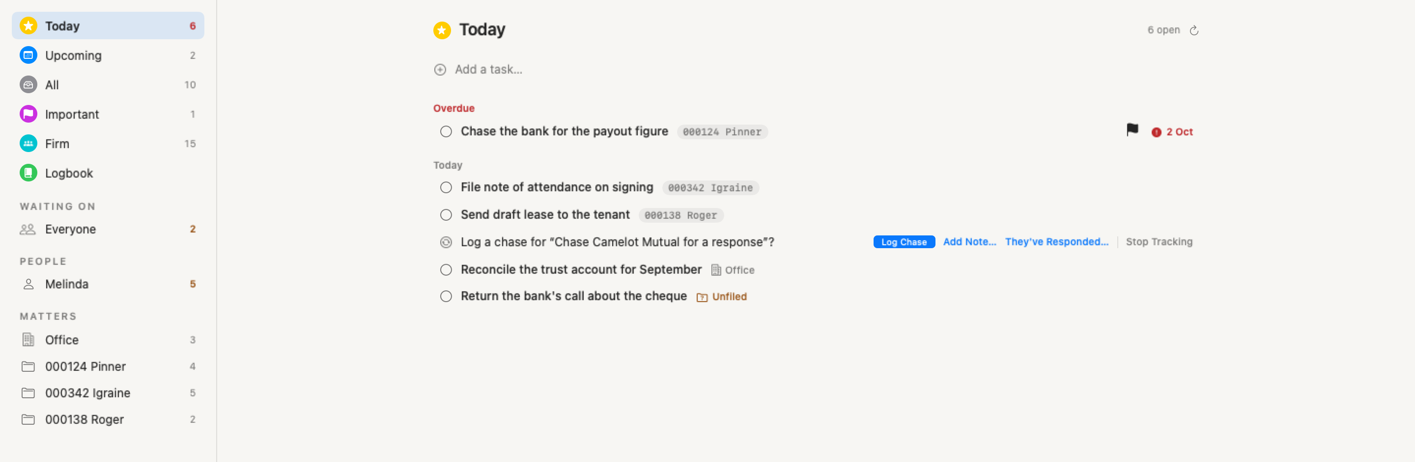 The Tasks page with a chase task's strip open: Log Chase, Add Note…, They've Responded… and Stop Tracking