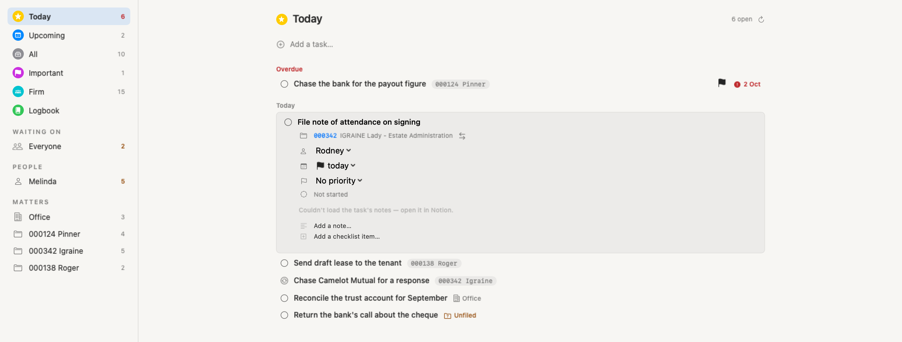 A task expanded in place on the Tasks page: title, matter, due, assignee, priority, repeat and notes