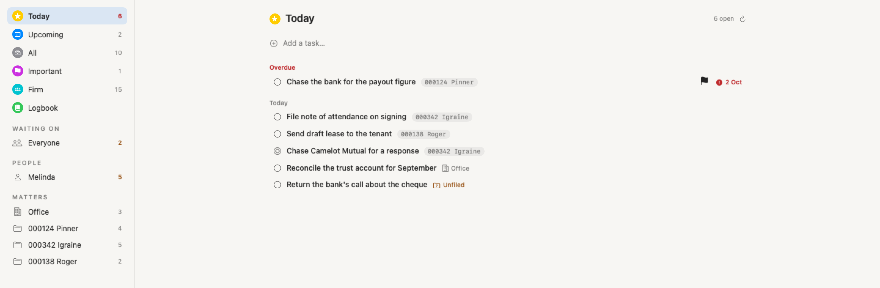 The Tasks page: Today, Upcoming, All, Important, Firm and Logbook lists on the left with the people and matters that have open work, and the Today list on the right with an overdue task, tasks due today, an Office task and an unfiled one.